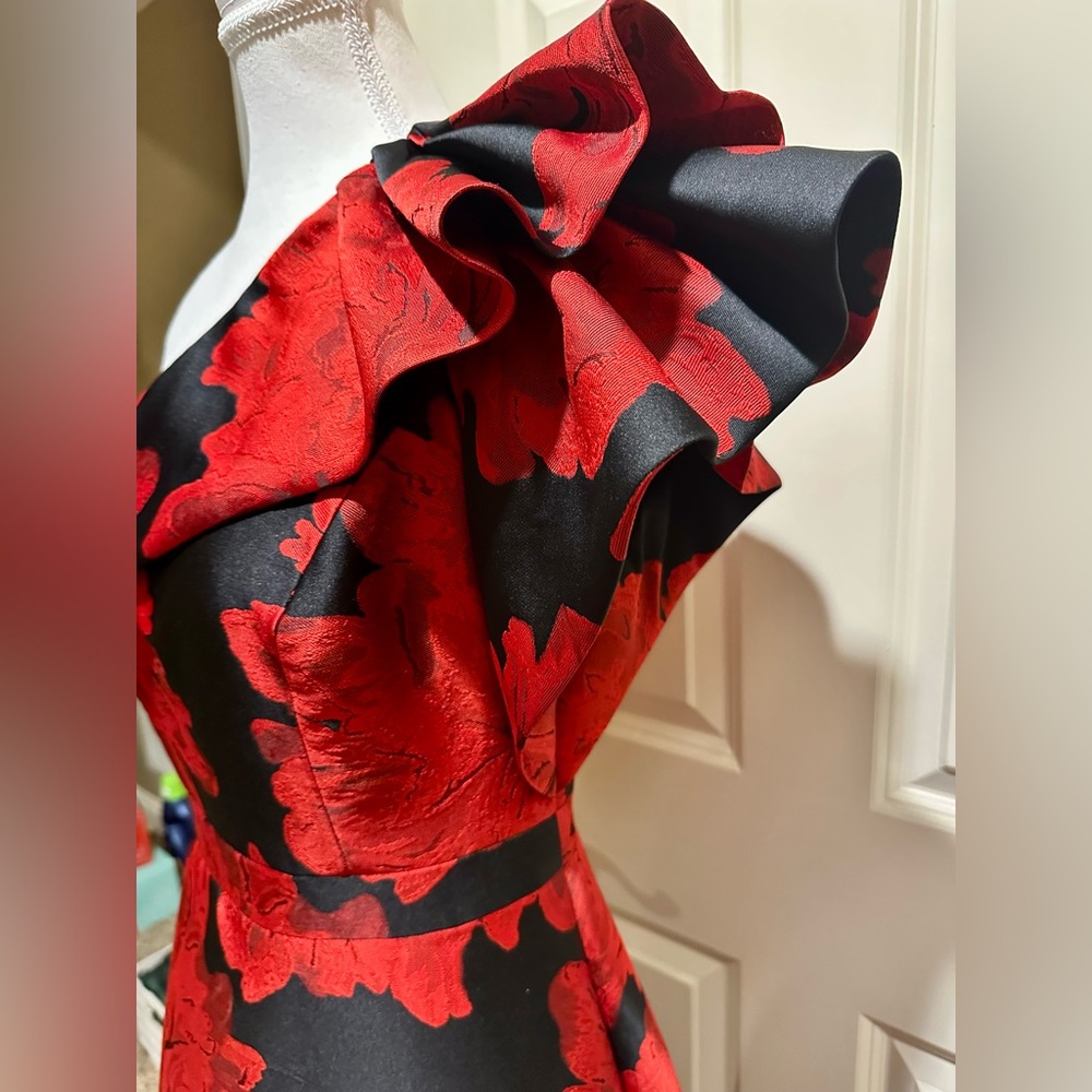 Adrianna Papell Red and Black One-Shoulder Floral Evening Dress w/POCKETS! - Picture 2 of 10